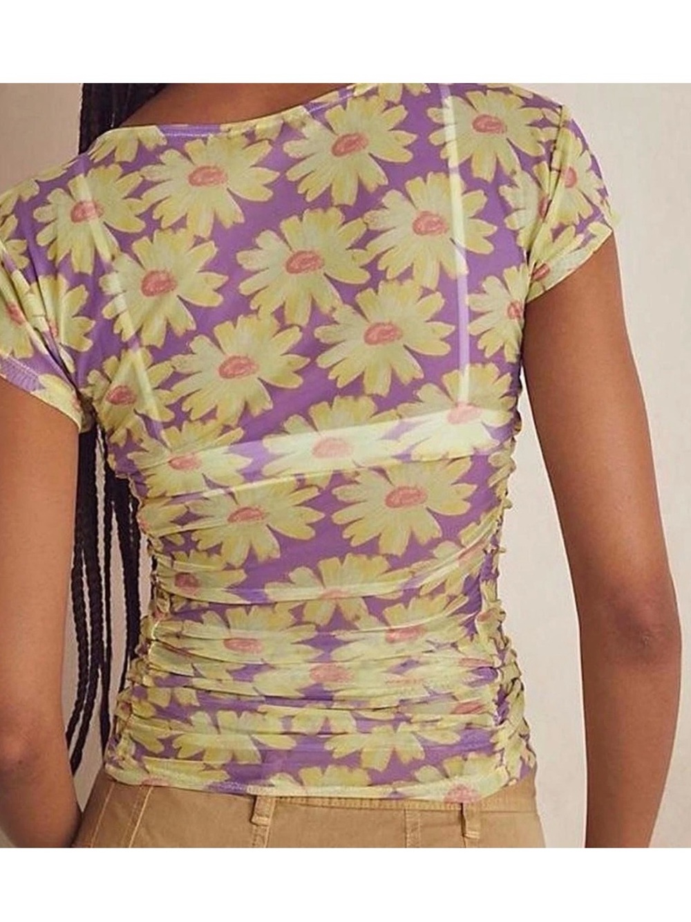 NEW Intimately Free People Ruched Floral Top mesh daisy yellow purple sz S - Picture 3 of 4